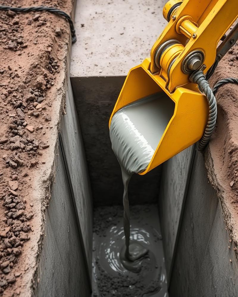 Excavator pouring concrete into a trench at a Bedrock Ground Pros job site